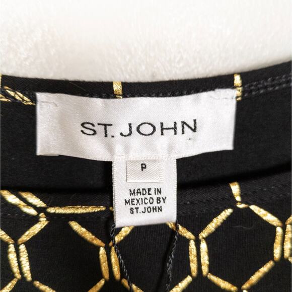 ST JOHN Black Gold Geometric Print Bateau Neck Blouse 3/4 Sleeves Women's Small - Picture 4 of 7